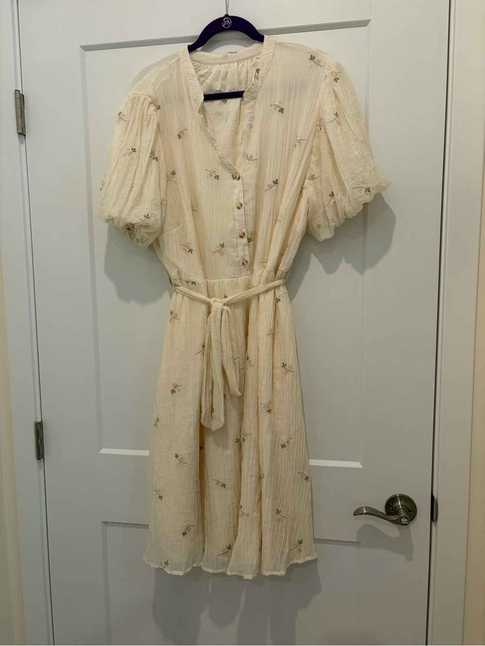 Cream Puff-Sleeve Midi Dress with Tie Belt